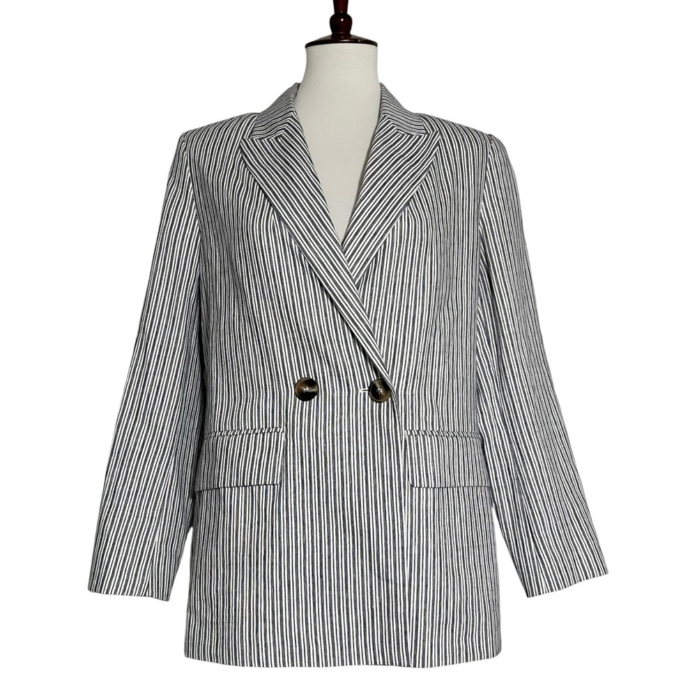 Zara Striped Double Breasted Blazer Black White Cotton Linen Blend Size S